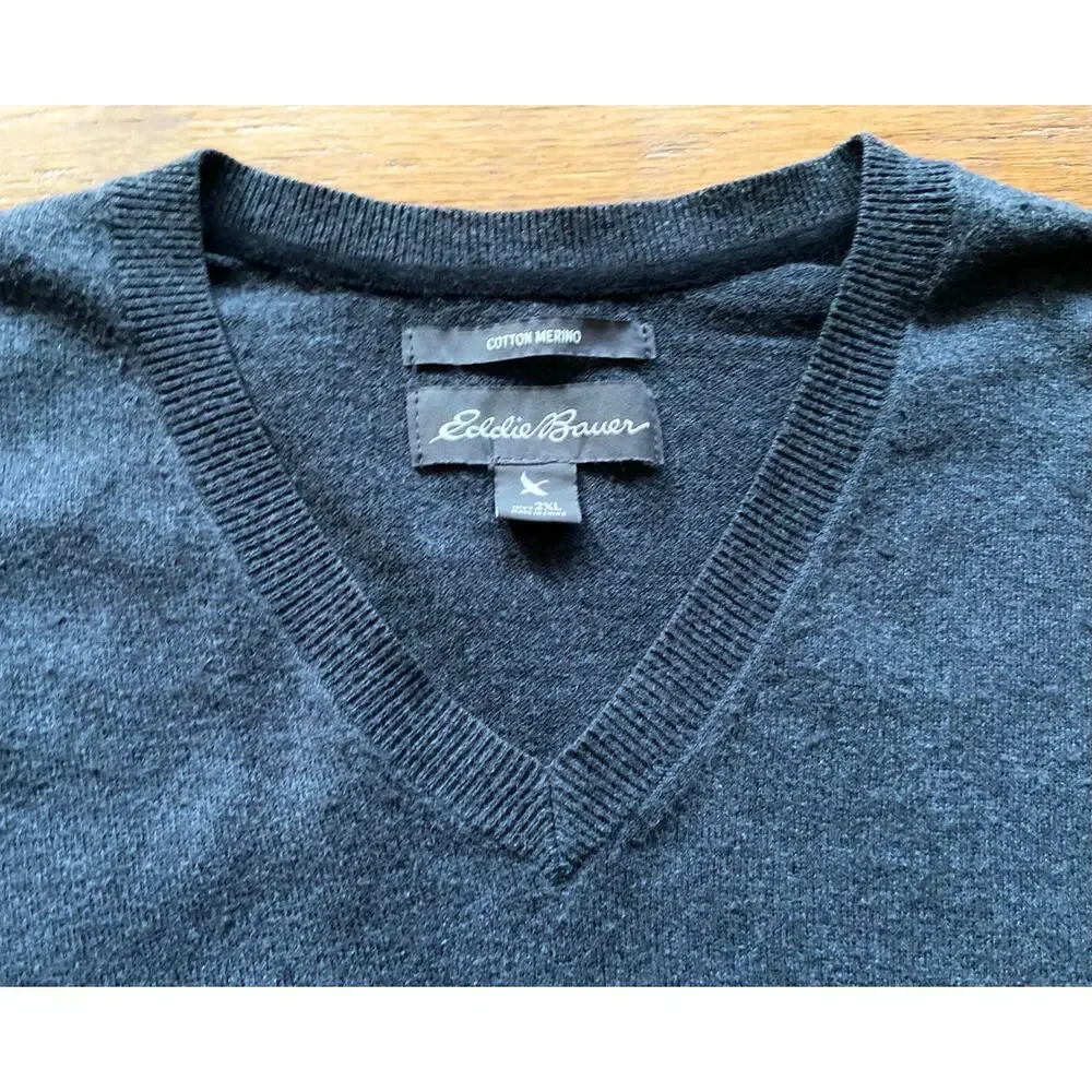 EDDIE BAUER Gray Cotton Merino Wool V-Neck Sweater Mens sz 2XL